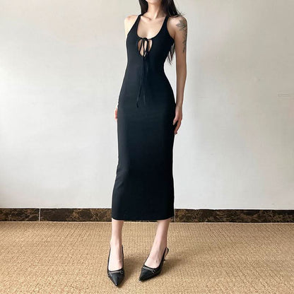U neck self tie hollow out solid cut out maxi dress