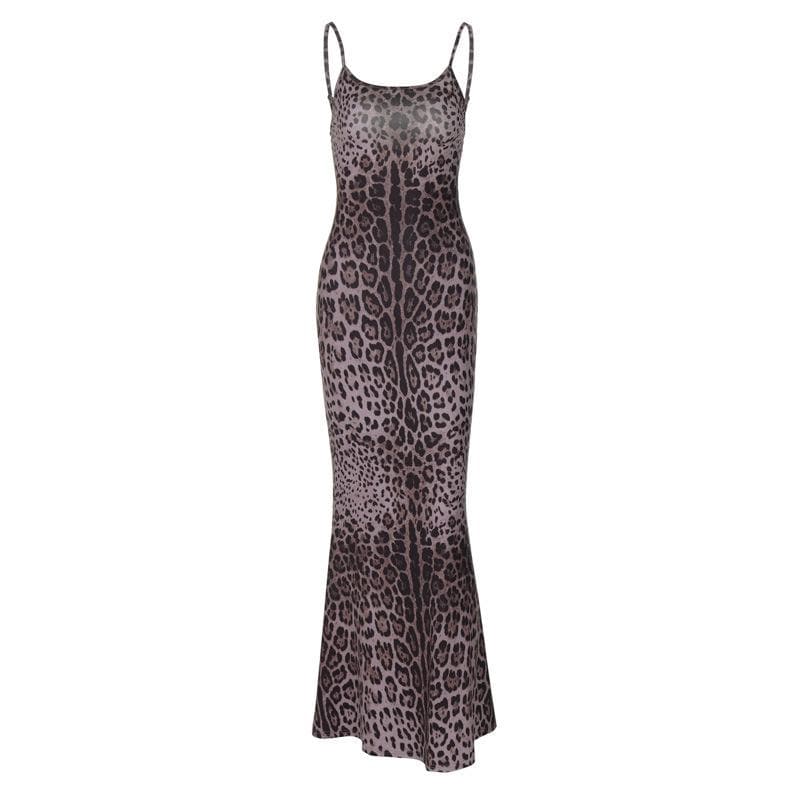 Leopard print u neck backless cami maxi dress