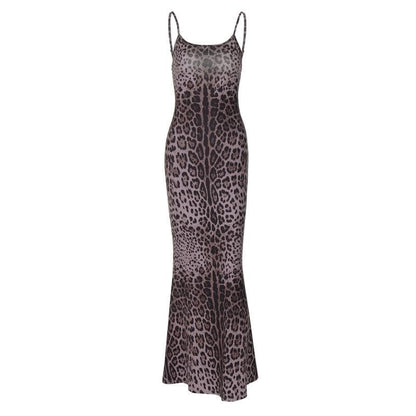 Leopard print u neck backless cami maxi dress