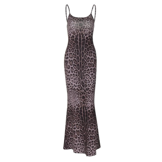 Leopard print u neck backless cami maxi dress