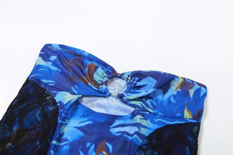 Mesh see through hollow out o ring contrast print ruffle cut out maxi dress-final-sale