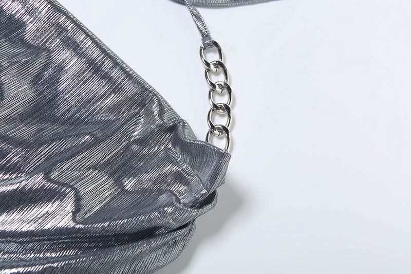 Cowl neck halter metal chain hollow out cut out mini dress