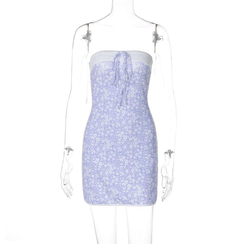 Flower print knotted backless tube mini dress