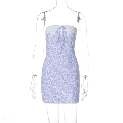 Flower print knotted backless tube mini dress