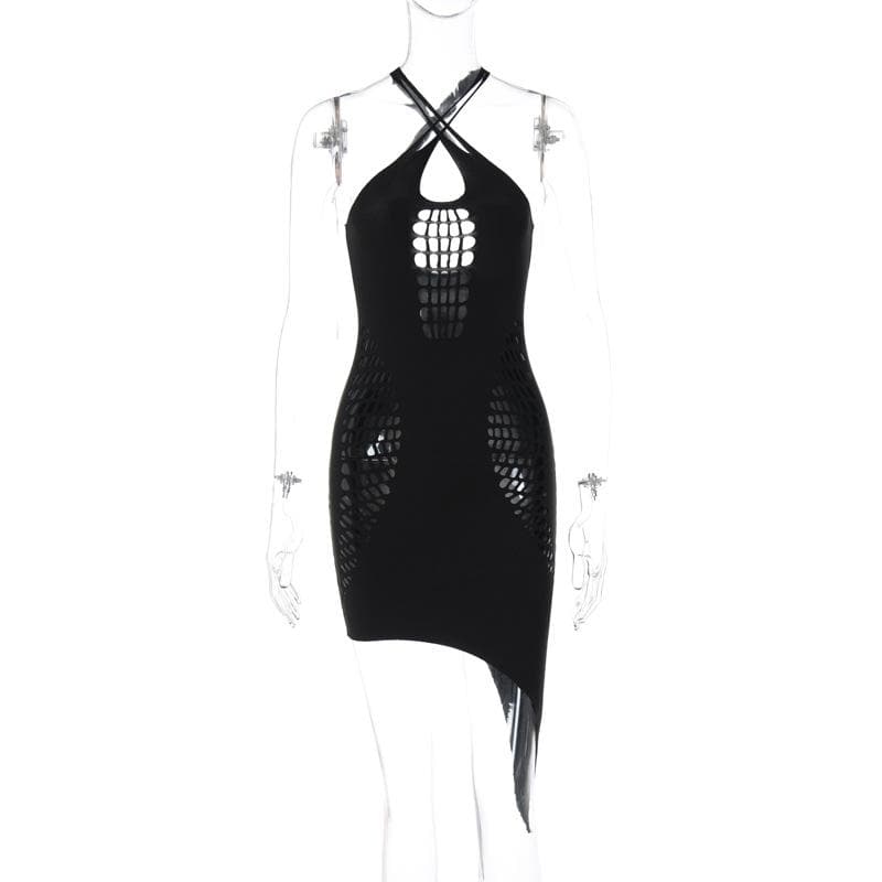 Halter Cross Front Ladder Cutout Irregular Hem Bodycon Mini Dress