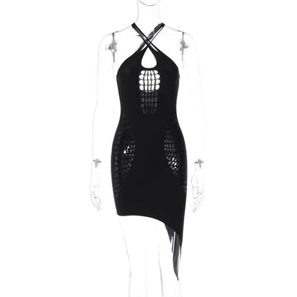 Halter Cross Front Ladder Cutout Irregular Hem Bodycon Mini Dress