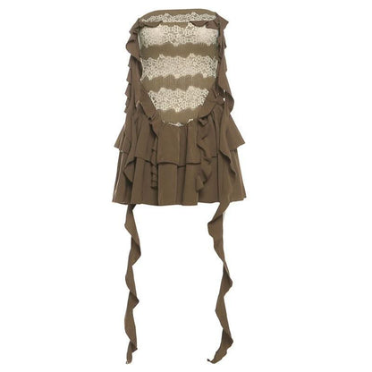 Knitted patchwork backless ruffle mini dress