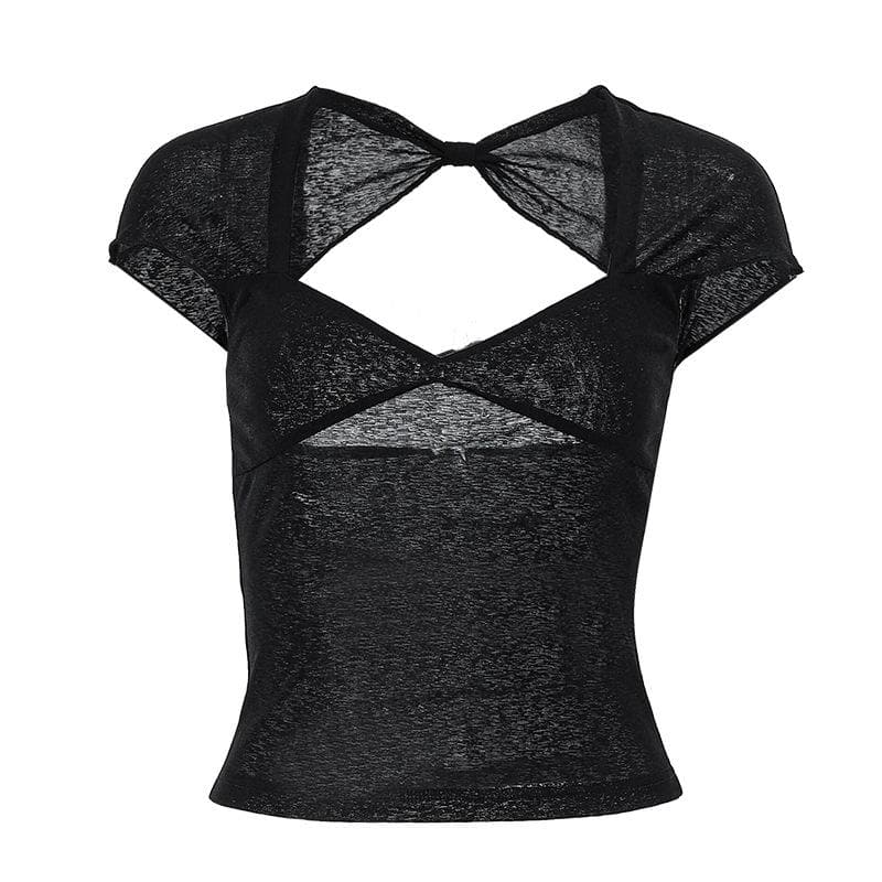 V neck hollow out knotted short sleeve low cut backless crop cut out top