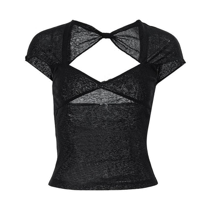 V neck hollow out knotted short sleeve low cut backless crop cut out top