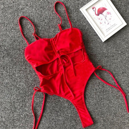 Hollow out drawstring one piece swimwear