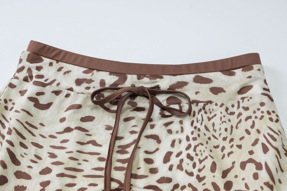 Leopard print bowknot ruffle tube mini skirt set