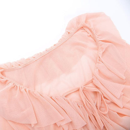 Ruffle solid self tie ruched long sleeve mesh mini dress