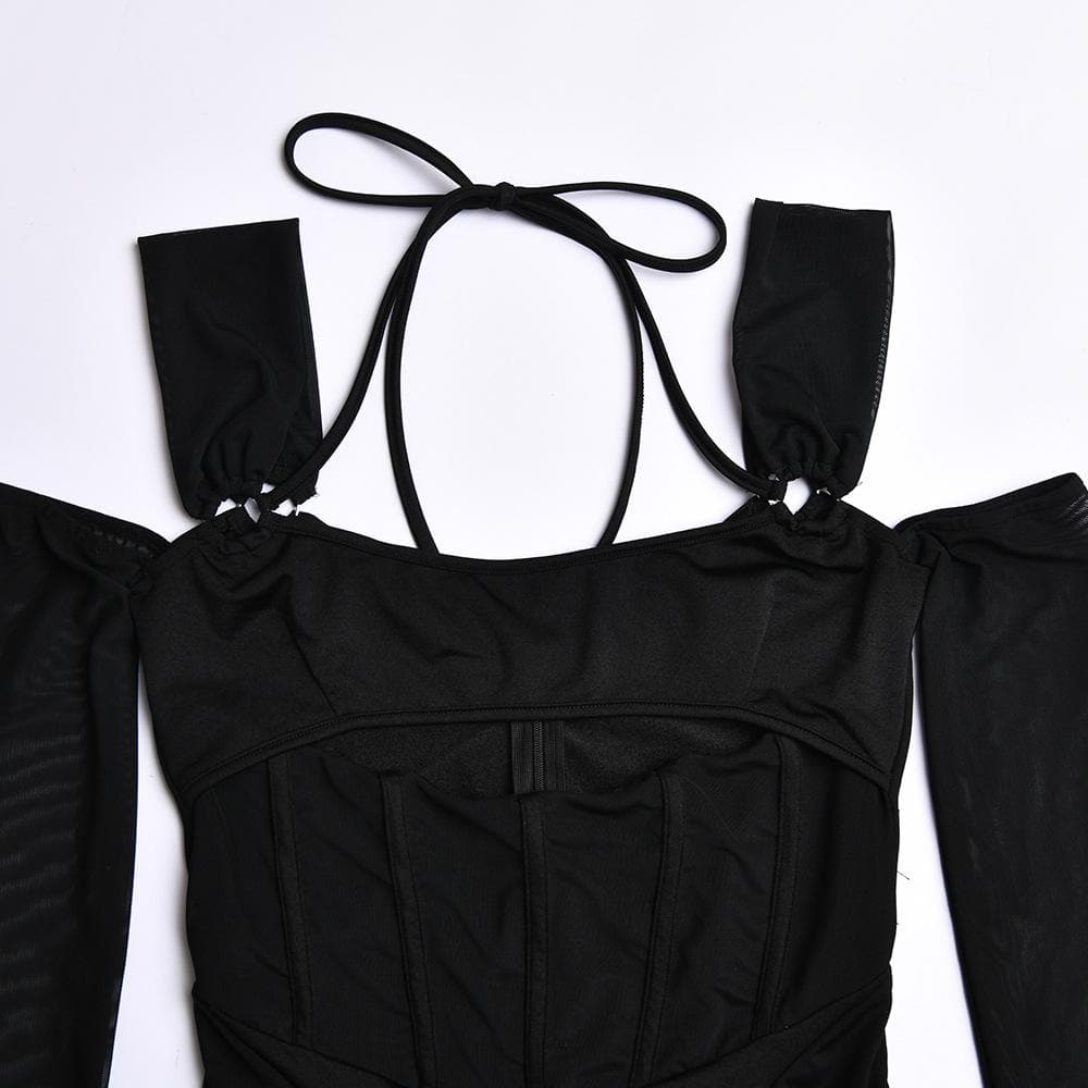 Gloves mesh corset off shoulder hollow out long sleeve halter cut out mini dress