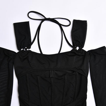 Gloves mesh corset off shoulder hollow out long sleeve halter cut out mini dress