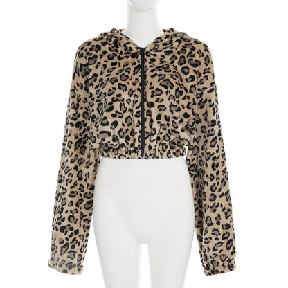 Hoodie long sleeve leopard print zip-up coat top