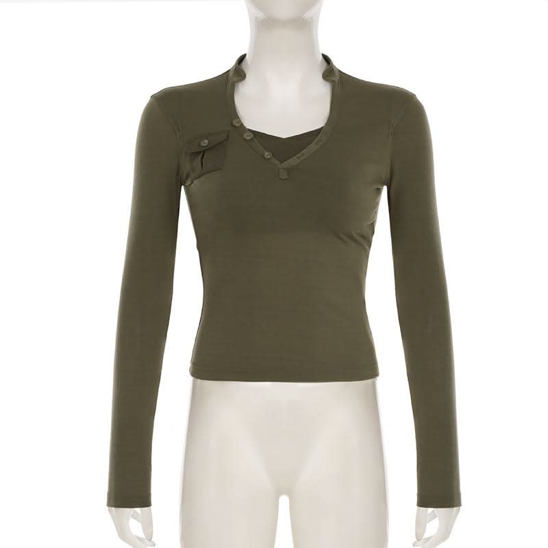 V neck long sleeve button top