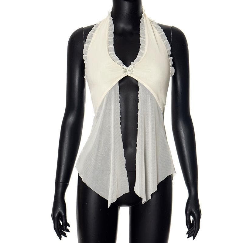 Halter lace hem ruffle butterfly embroidery mesh top