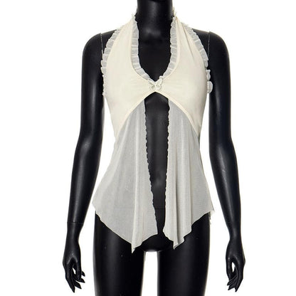 Halter lace hem ruffle butterfly embroidery mesh top
