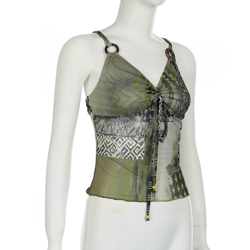 O ring ruched patchwork beaded mesh knotted cami top