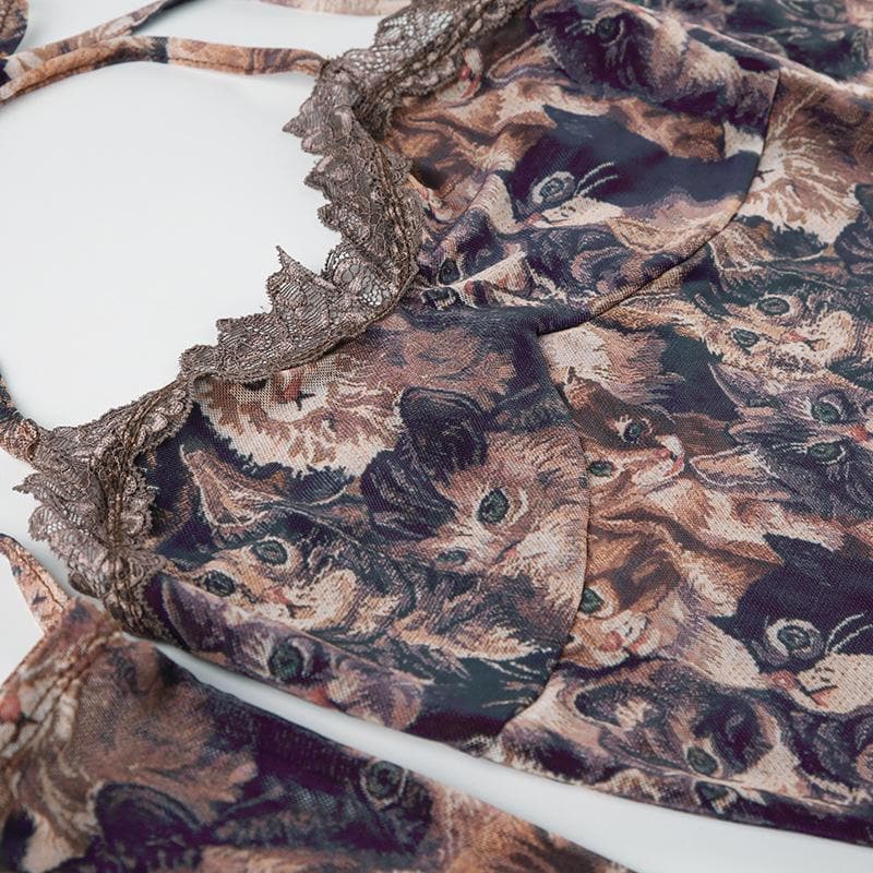 Halter gloves cat print lace hem top