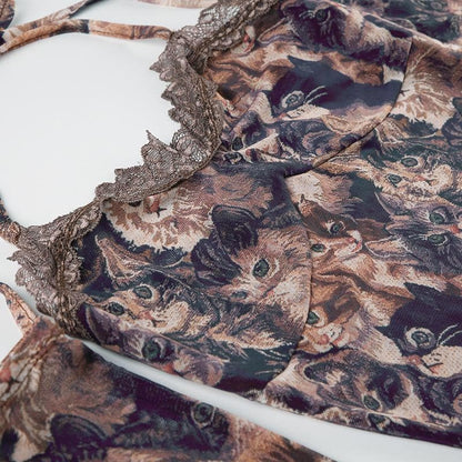 Halter gloves cat print lace hem top