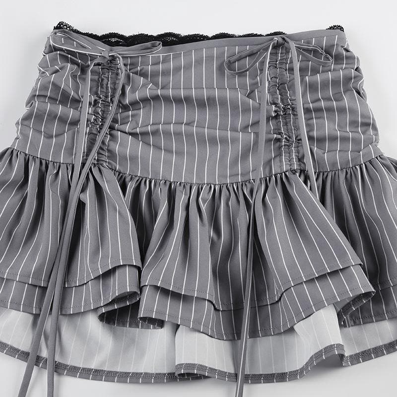 Drawstring ruched lace hem striped mini skirt