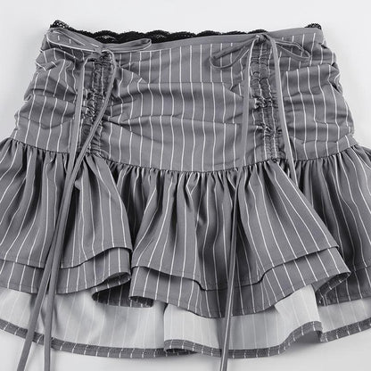 Drawstring ruched lace hem striped mini skirt