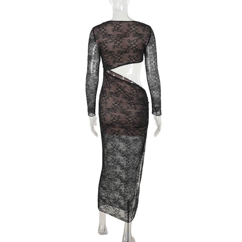 Crewneck long sleeve lace hollow out cut out maxi dress