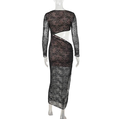 Crewneck long sleeve lace hollow out cut out maxi dress