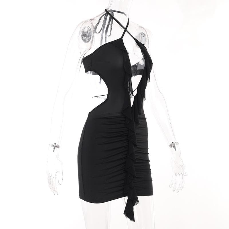 Halter Cross-Front Plunging Ruffle Trim Side Cutout Ruched Mini Dress