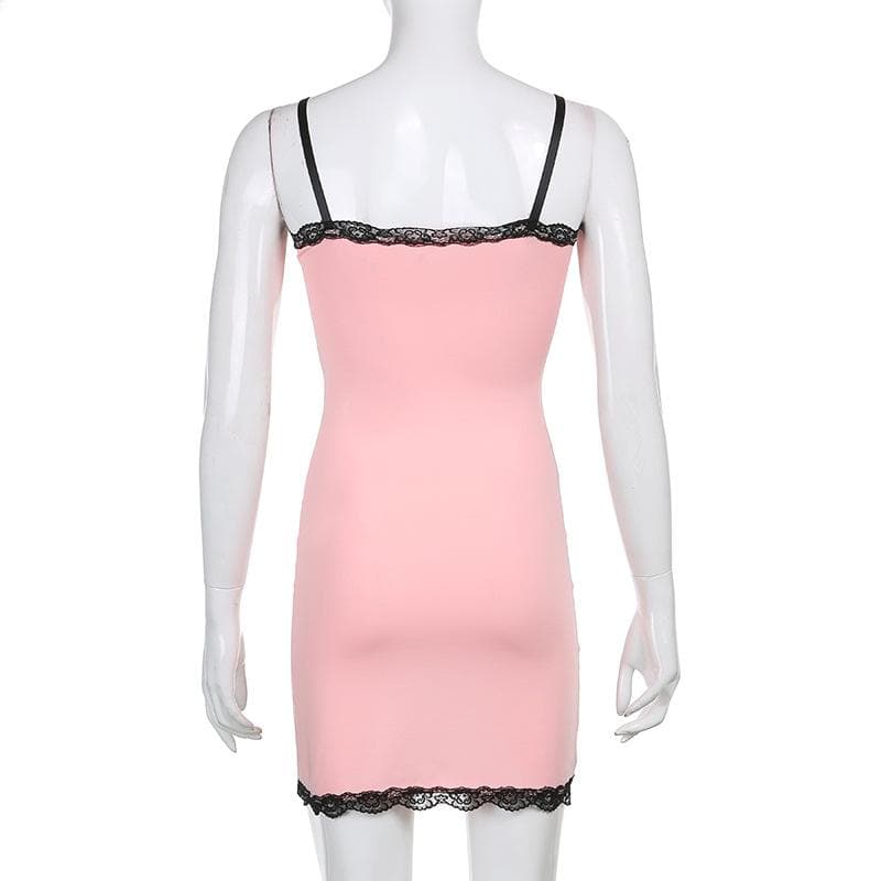 V neck slit lace hem bowknot cami mini dress