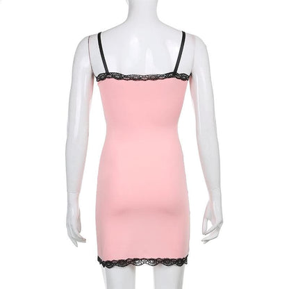 V neck slit lace hem bowknot cami mini dress