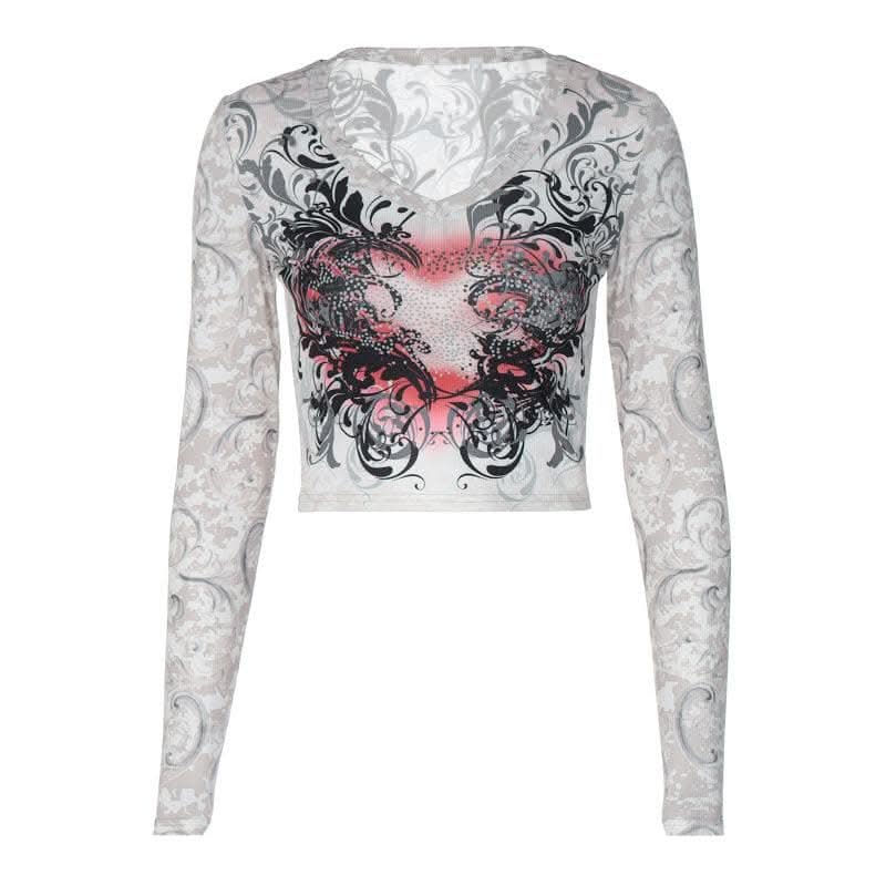 Abstract contrast long sleeve round neck crop top-final-sale