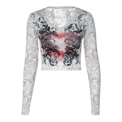 Abstract contrast long sleeve round neck crop top-final-sale