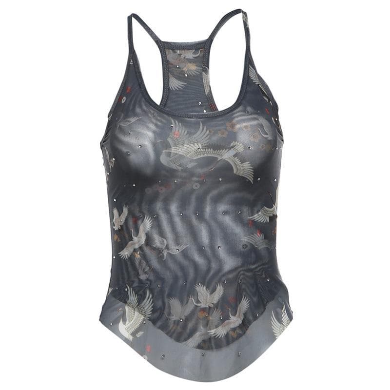 U neck sheer mesh print beaded tank top