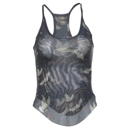 U neck sheer mesh print beaded tank top