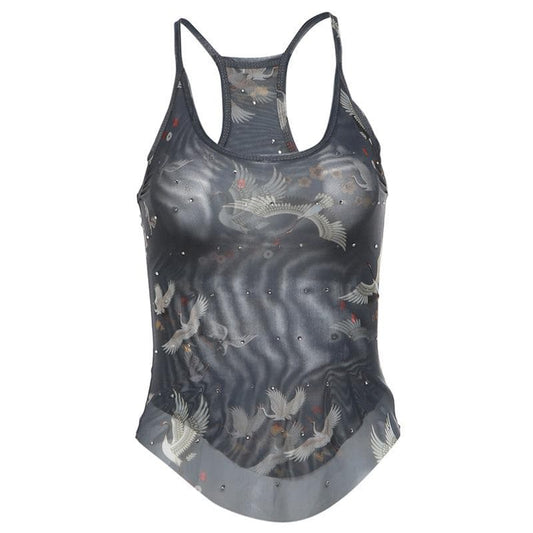 U neck sheer mesh print beaded tank top