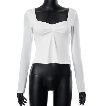 Square neck ruched long sleeve slit solid top