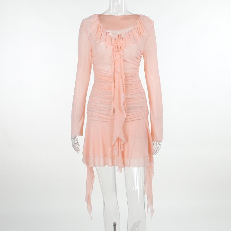 Ruffle solid self tie ruched long sleeve mesh mini dress