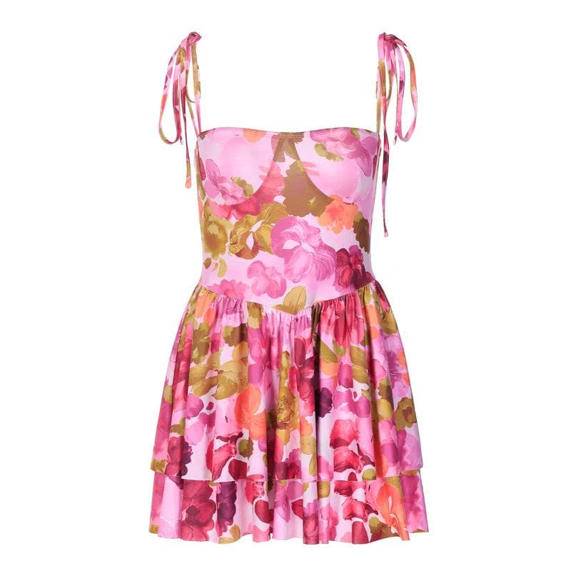 Floral Print Square Neck Tie Strap Tiered Ruffle Mini Dress