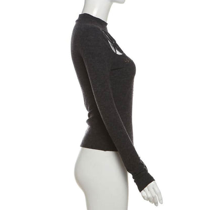 High neck long sleeve beaded cross pattern hollow out cut out top