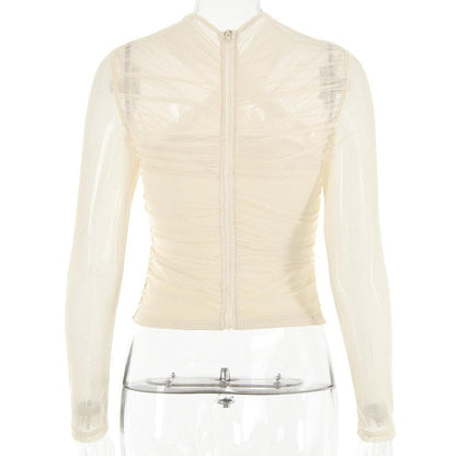 Cross front ruched mesh long sleeve solid top