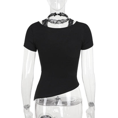 Short sleeve u neck halter lace irregular top