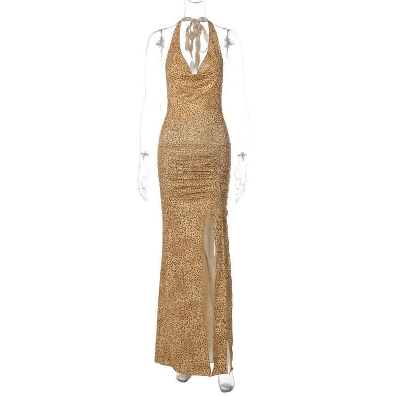 Halter cowl neck print high slit ruched maxi dress-final-sale