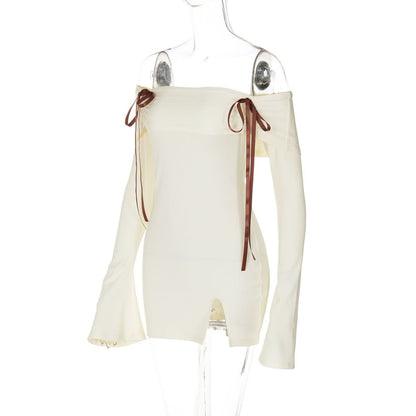 Off shoulder long flared sleeve bowknot ribbed mini dress