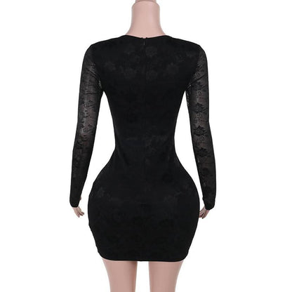 Long sleeve hollow out lace zip-up cut out mini dress