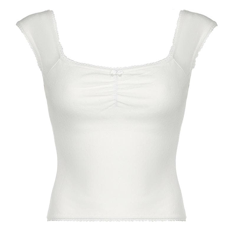 Cap sleeve ribbed bowknot textured lace hem top