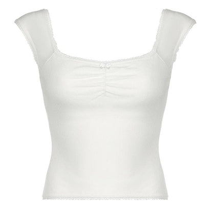 Cap sleeve ribbed bowknot textured lace hem top