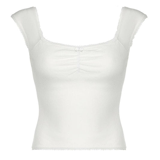 Cap sleeve ribbed bowknot textured lace hem top