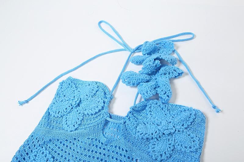 Halter knitted flower pattern see through maxi dress